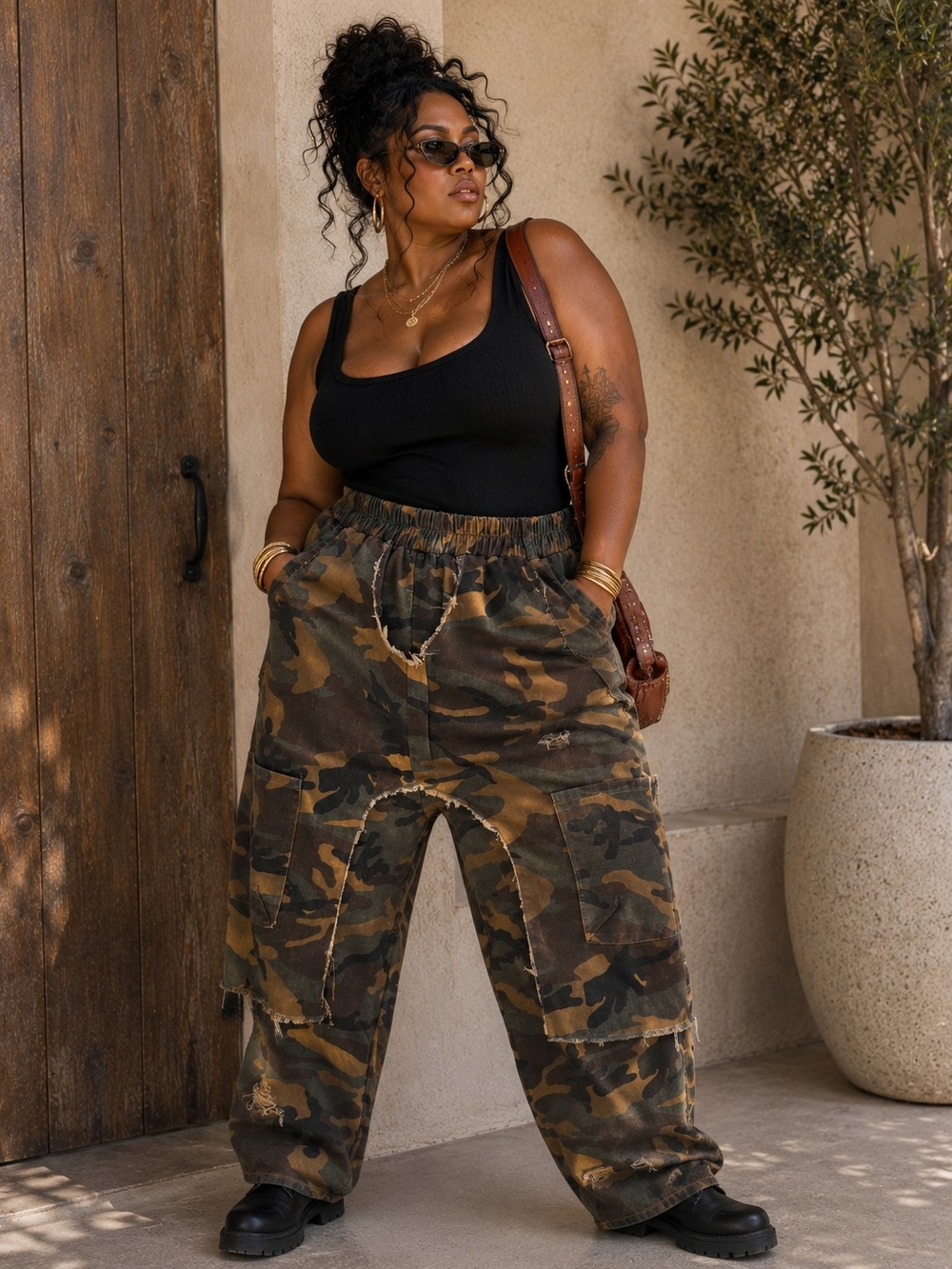 Plus Camo Cargo Pants for Women - Olive Camouflage - XXL